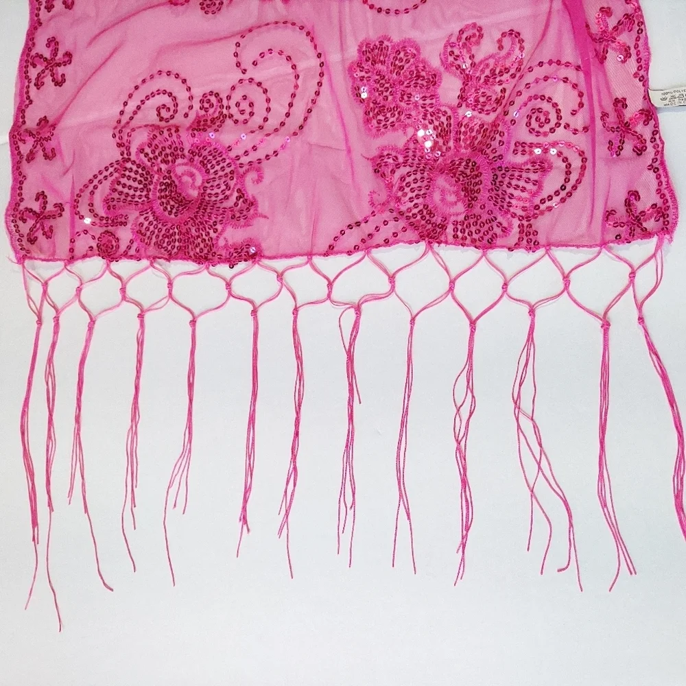 Womens Pink Mesh Sequin Metallic Party Prom Wedding Shawl Scarf With Fringe
